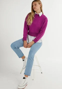 D.Franklin Embroidery Logo Cropped Crew Neck Sweatshirt / Orchid|Damen Sweatshirts