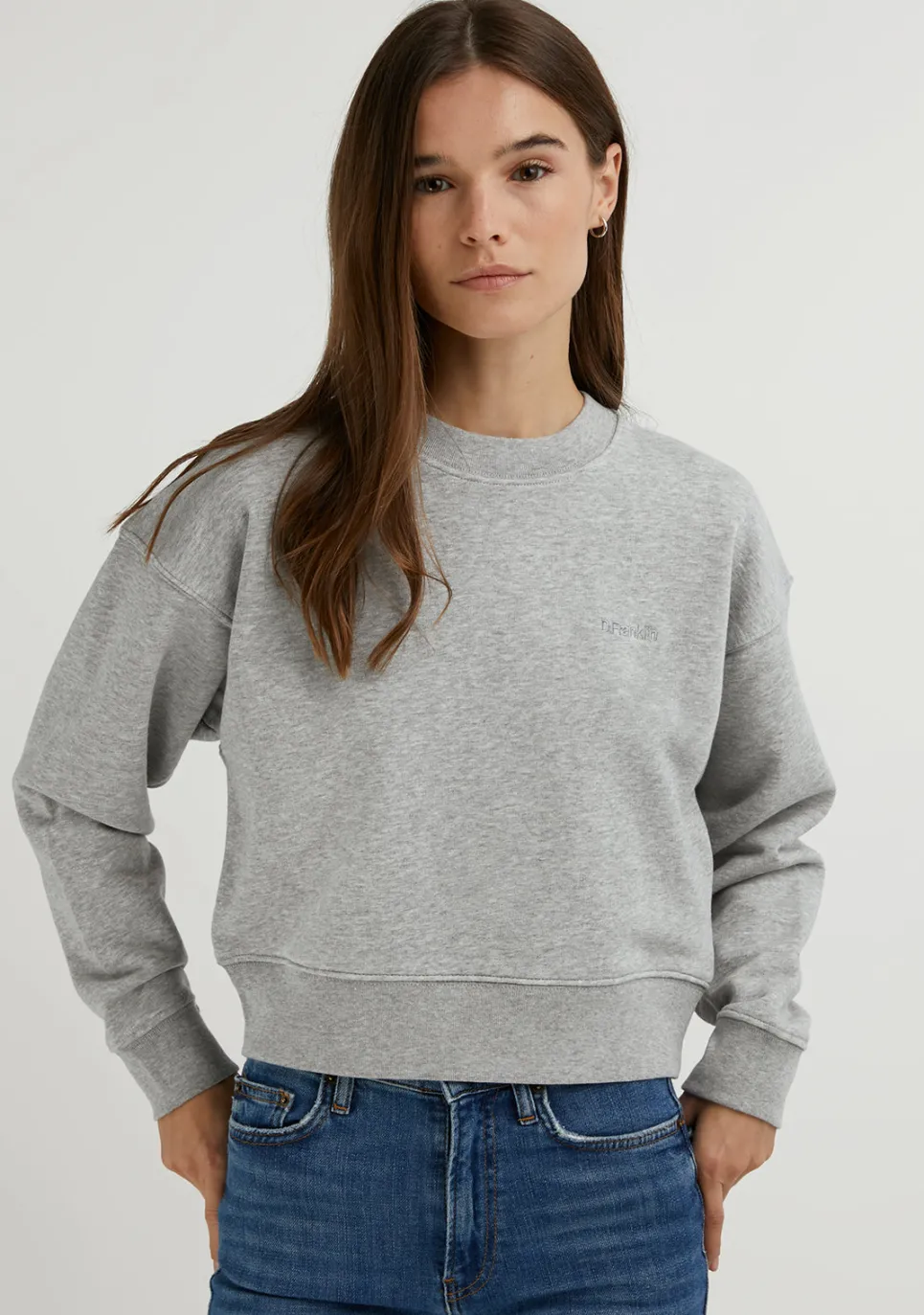 D.Franklin Embroidery Logo Cropped Crew Neck Sweatshirt / Grey|Damen Sweatshirts
