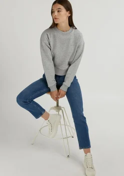 D.Franklin Embroidery Logo Cropped Crew Neck Sweatshirt / Grey|Damen Sweatshirts