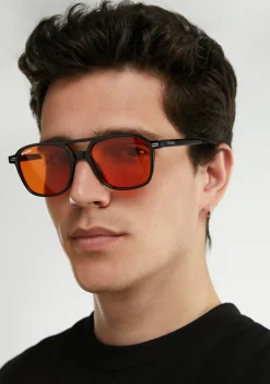 D.Franklin Jackson Square Shiny Black / Orange|Damen Polarisierte Sonnenbrillen|Pilotenbrillen