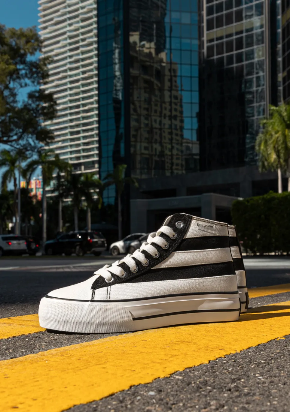 D.Franklin One Way Patch Black & White|Damen Plattform-Sneakers|Sneakers