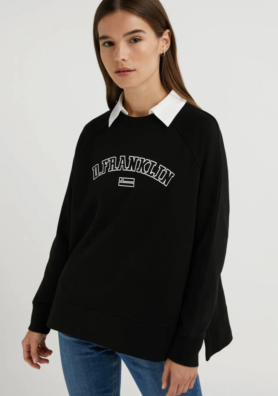 D.Franklin Varsity Oversized Crew Neck Sweatshirt Black / White|Damen Sweatshirts
